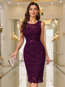 MIUSOL Solid Floral Lace Bodice Cocktail Party Fitted Dress - Maroon - View 2