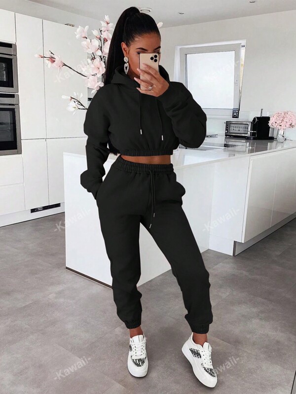 Women's Thermal Lined 2pcs Casual Solid Color Long Sleeve Hooded Sweatshirt Top With Slim Fit Sports Pants Set, Autumn And Winter