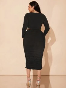 SHEIN BAE Bộ váy hai mảnh cổ lọ xếp nếp tay dài thanh lịch cho nữ dự tiệc sang trọng, thiết kế thanh lịch, dành cho ngày lễ, thu đông - màu đen - Xem 3
