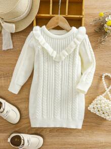 SHEIN Baby Girl Solid Color Ruffle Hem Knitted Long Sleeve Dress, Autumn/Winter - White - View 1