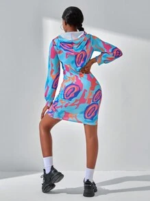 SHEIN Teen Girl's Fashionable Abstract Colorful Digital Printed Drawstring Hoodie Dress, Spring & Autumn