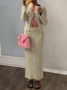 Slaydiva Autumn And Winter Casual Simple Home Deep V-Neck Long-Sleeved Front And Middle Hem Slit Top Slim-Fitting Back Hem High Slit Skirt Wide Ribbed Woolen Khaki Apricot Women's Sweater Two-Piece Set-A