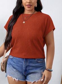 SHEIN LUNE Plus Size Summer Casual Solid Color Texture Batwing Sleeve Shirt