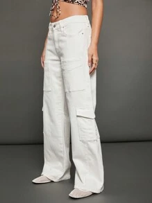 WESTFADE Quần Jeans Ống Rộng Co Giãn 99% Cotton Cao Cấp - trắng - Xem 5