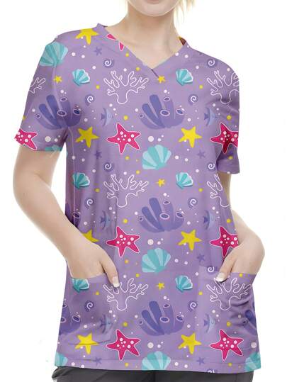 PopScrub Women's Halloween Pumpkin Print V-Neck Short Sleeve Pocket Casual Blouse Stretch Double Pocket V-Neck Top,Women V-Neck Scrub Top, Women Short Sleeve V-Neck Nurse Uniform With 2 Pockets Soft And Stretchy Printed Scrub Top