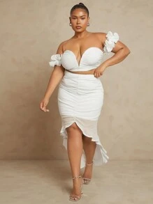 SHEIN Unity Damski top plus size z plisowanym paskiem na ramię, głębokim dekoltem w kształcie litery V i spódnicą z falbanką Elegancki dwuczęściowy komplet