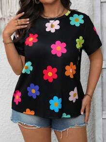 SHEIN LUNE Casual Flower Printed Round Neck Plus Size Pullover T-Shirt, For Summer - Multicolor - View 3