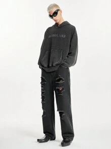 NEON BLANC Men's Distressed Straight Leg Denim Jeans, Woven And Washed - Black - View 4