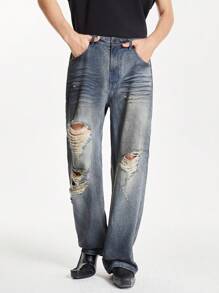 NEON BLANC Men's Cotton Distressed Loose Straight-Leg Spray-Painted Jeans