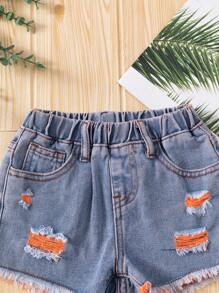 Young Girls' Medium Wash Blue Distressed Frayed Denim Shorts - Light Wash - View 7