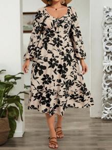 SHEIN VCAY Plus Size Women's Long Sleeve Random Printed Simple Daily Wear Dress