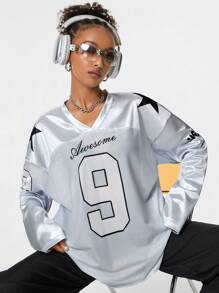 Coolane Women's Fall Game Day Long Sleeve Patchwork Printed Football Jersey T-Shirt,Couple Same Style