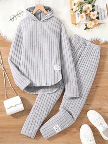 Sparklyn Teenage Girls' Casual Hooded Crop Top & Long Pants Set For Everyday Wear - Grey - View 1