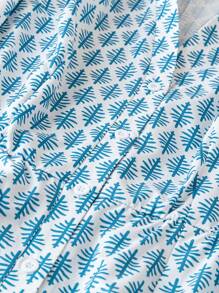 SHEIN CURVE+ 大尺碼女裝夏季全印花鈕扣襯衫連衣裙，隨機全印花設計，半袖 - 藍色 - 查看 5