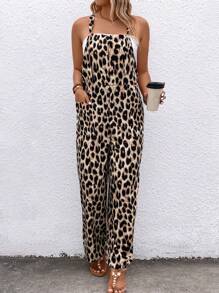 SHEIN LUNE Sommer Jumpsuit für Damen mit Leopardenmuster, ärmellos mit zwei Taschen, leger