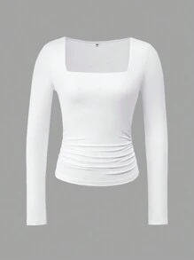 Vaiaye Women's Spring/Summer Y2K Square Neck Long Sleeve Fitted T-Shirt, Solid Color Sexy Top, Suitable For Valentine's Day - White - View 3