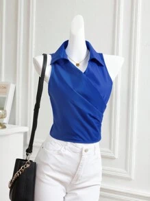 Modelyn Áo sơ mi nữ không tay màu trơn đơn giản hàng ngày, thích hợp để đi học & mặc thường ngày - Màu xanh lam - Xem 2