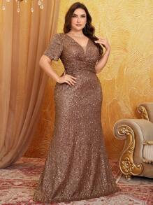 UNITHORSE Vestido elegante con escote en V y lentejuelas de talla grande, de alta calidad, adecuado para fiestas, invitados de boda, ocasiones formales, galas, vestidos de novia, fiestas de cumpleaños, ceremonias de graduación y talla grande - Café integral - Ver 5