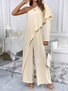 SHEIN Clasi Summer Oblique-Shoulder Flared Sleeve Jumpsuit - Apricot - View 1