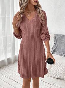 SHEIN Clasi Women's Plain Simple Long Sleeve Short Dress For Daily Wear Fall Clothing Long Sleeve Women Dress - Pink - View 4