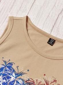 SHEIN LUNE Plus Size Independence Day Printed Round Neck Sleeveless Top For Daily Casual Wear - Khaki - View 6