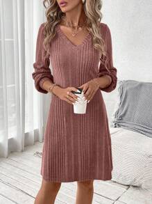 SHEIN Clasi Women's Plain Simple Long Sleeve Short Dress For Daily Wear Fall Clothing Long Sleeve Women Dress - Pink - View 5