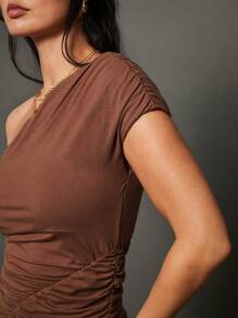 WESTFADE One Shoulder Mini Dress - Coffee Brown - View 3