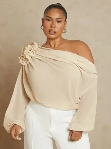 L'Amorae Plus Asymmetric Off Shoulder Shirt With 3D Flower