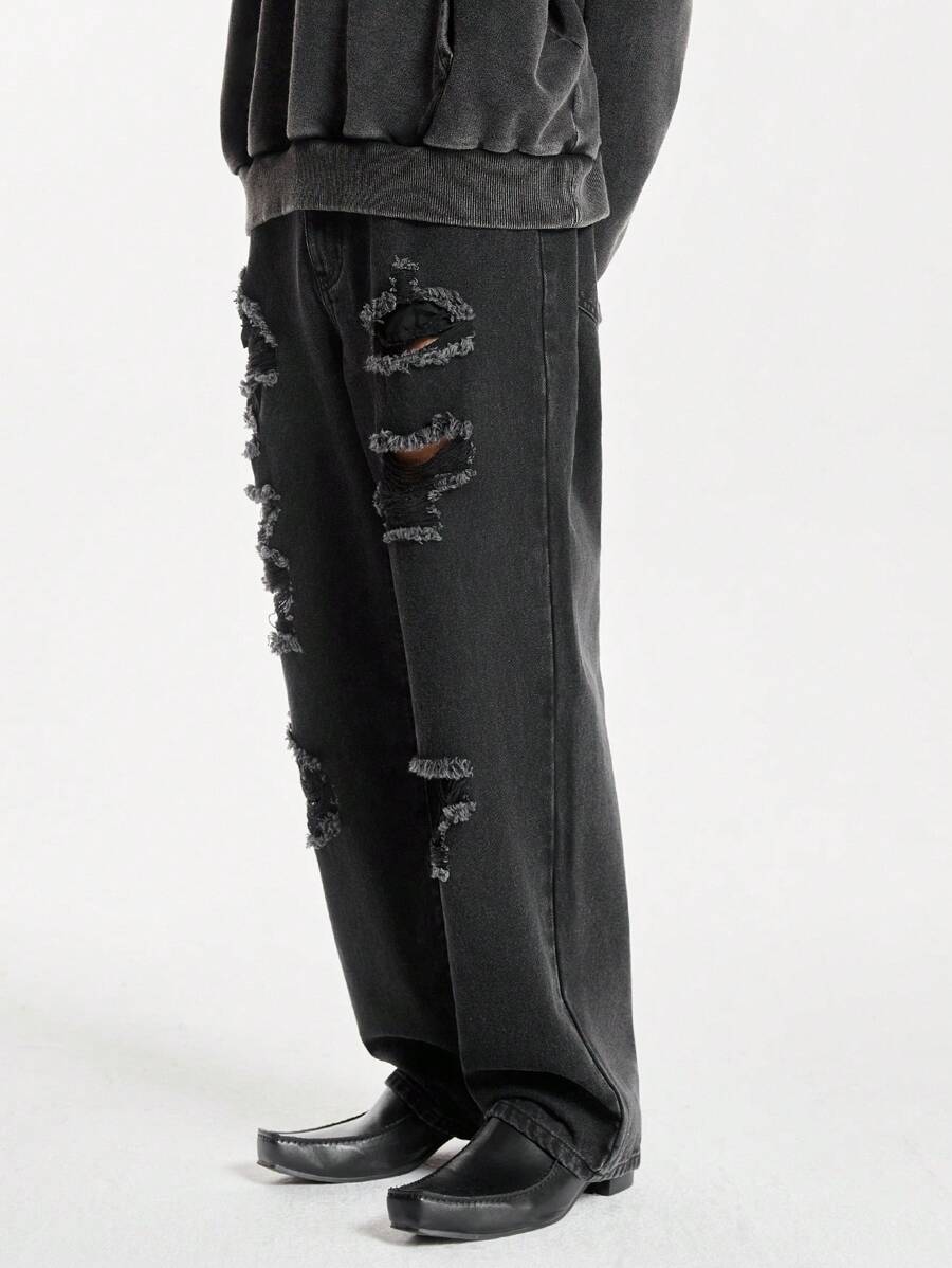 NEON BLANC Men's Distressed Straight Leg Denim Jeans, Woven And Washed - Black - View 1