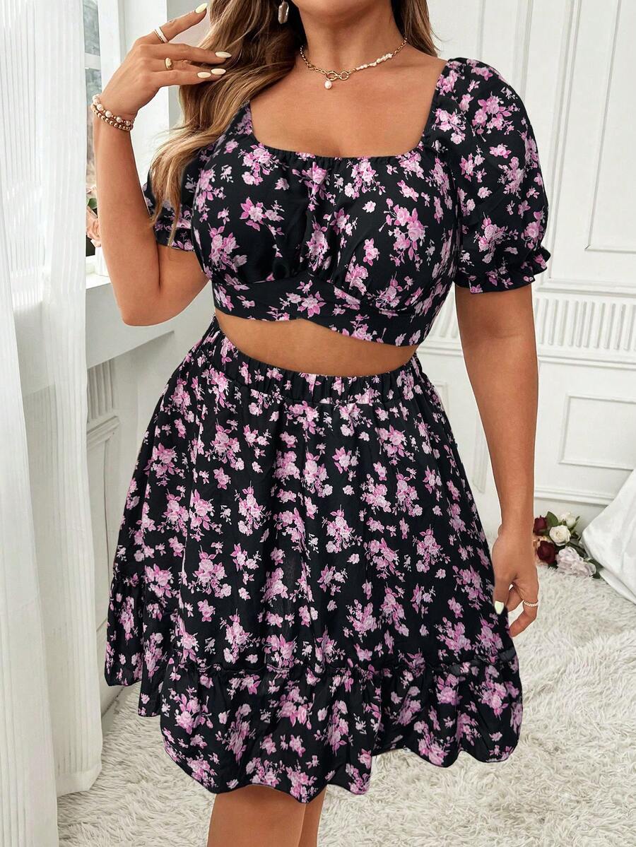 Franclia 大尺碼女士度假小花方領綁蝴蝶結短束背心和裙子套裝 - 彩色 - 查看 1