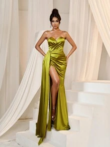 Faeriesty Satin Draped Side Split Thigh Formal Tube Party Dress - Olive Green - View 1