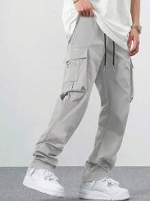 Claim Dot Pantalones cargo holgados para hombres con cintura con cordón, pantalones cargo para hombres, pantalones cargo holgados, pantalones cargo con bolsillos, pantalones cargo grises holgados para hombres, otoño - Gris Claro - Ver 3