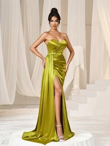 Faeriesty Satin Draped Side Split Thigh Formal Tube Party Dress - Olive Green - View 6