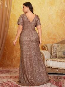 UNITHORSE Vestido elegante con escote en V y lentejuelas de talla grande, de alta calidad, adecuado para fiestas, invitados de boda, ocasiones formales, galas, vestidos de novia, fiestas de cumpleaños, ceremonias de graduación y talla grande - Café integral - Ver 2