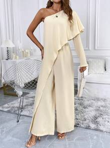 SHEIN Clasi Summer Oblique-Shoulder Flared Sleeve Jumpsuit - Apricot - View 4