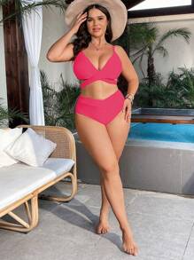 SHEIN Swim Curve Plus Size Solid Color Cross Strap Beach Summer Vacation Bikini Set - Hot Pink - View 3