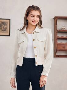 Teen Girl Fashionable Short Bubble Sleeve Casual Jacket With Single-Breasted Button - Apricot - View 5