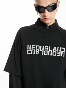 男士針織純棉休閒3M反光印花下垂肩寬鬆圓領短袖T恤，適合夏季和日常穿著 - 黑色 - 查看 8