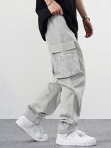 Claim Dot Pantalones cargo holgados para hombres con cintura con cordón, pantalones cargo para hombres, pantalones cargo holgados, pantalones cargo con bolsillos, pantalones cargo grises holgados para hombres, otoño - Gris Claro - Ver 4