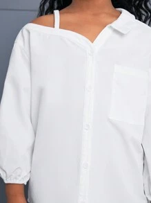 SHEIN Camisa informal holgada de unicolor con un solo hombro asimétrico y tirante frío de manga larga para niñas preadolescentes