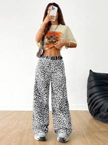 SHEIN EZwear Women's Spring And Summer Rapper Leopard Print Wide Leg Pants,Back To School Clothes - Grey - View 5