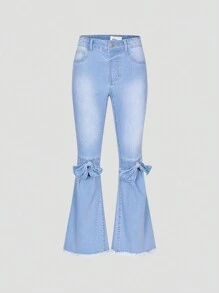 Tween Girls Light Washed Blue Bowknot Elastic Flared Jeans With Frayed Edges - Light Wash - View 1