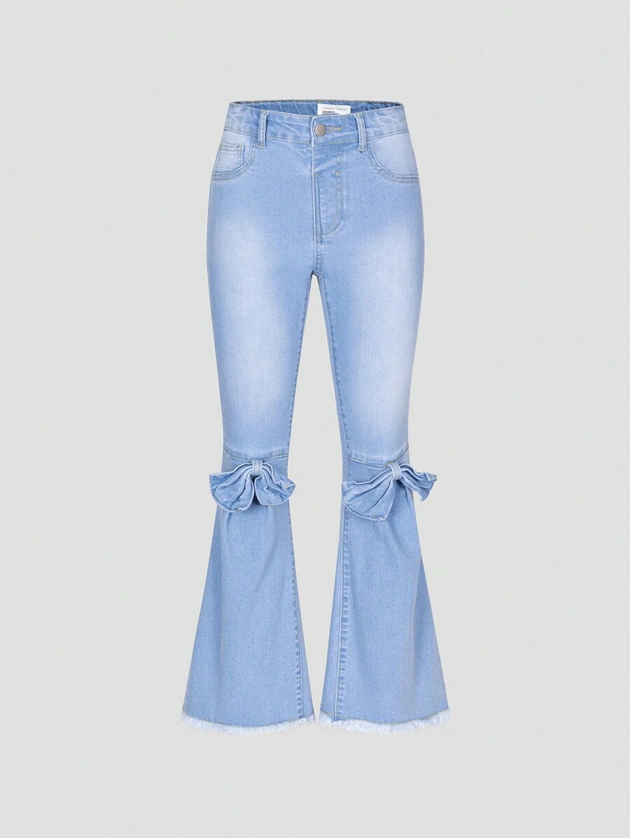Tween Girls Light Washed Blue Bowknot Elastic Flared Jeans With Frayed Edges - Light Wash - View 1