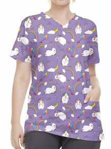 PopScrub Women's Short Sleeve V-Neck Cartoon Animal Print Uniform Scrub Top - Purple - View 4