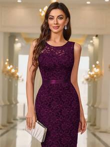 MIUSOL Solid Floral Lace Bodice Cocktail Party Fitted Dress - Maroon - View 5