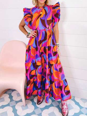 Abstract Rustic Printed Ruffle Tier Extra Long Dress