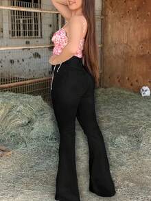 Women's Fashion Versatile Pockets Distressed Flared Jeans - Black - View 2