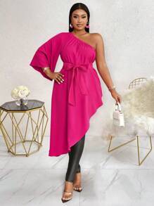 Maweii Áo sơ mi dài thanh lịch, rộng rãi, bó eo, một bên vai, tay giữa, cỡ lớn dành cho nữ - Màu Hồng Tươi - Xem 3