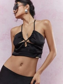 MISSGUIDED 缎面露背低胸短款上衣和长裙套装 - 黑色 - 查看 3