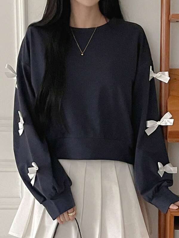 DAZY Women's Autumn New Bow Decor Fleece Sweatshirt